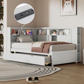 Twin Size Wood Daybed with Storage Shelves, USB and Trundle, White