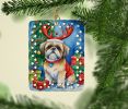 Shih Tzu Christmas Reindeer Porcelain Ornament Christmas Tree Hanging Decorations for Home Christmas Holiday, Rectangle, Gift, Multicolor