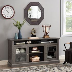 Retro TV Stand for 65'' TV, TV Console Cabinet with Storage, Open Shelves Entertainment Center for Living Room and Bedroom (With Fireplace Insert: No, Color: Black + Dark Walnut)